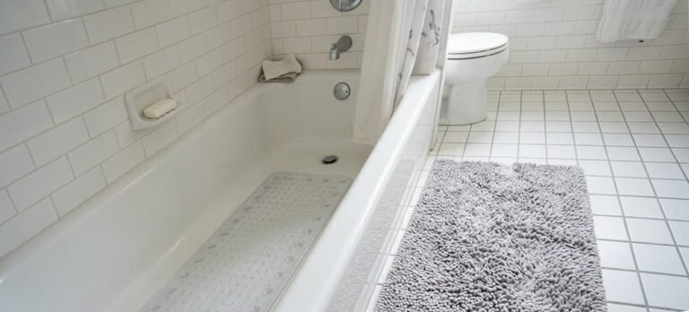 Clear non-slip bath mat inside white bathtub with gray chenille mat on bathroom floor for senior safety and fall prevention