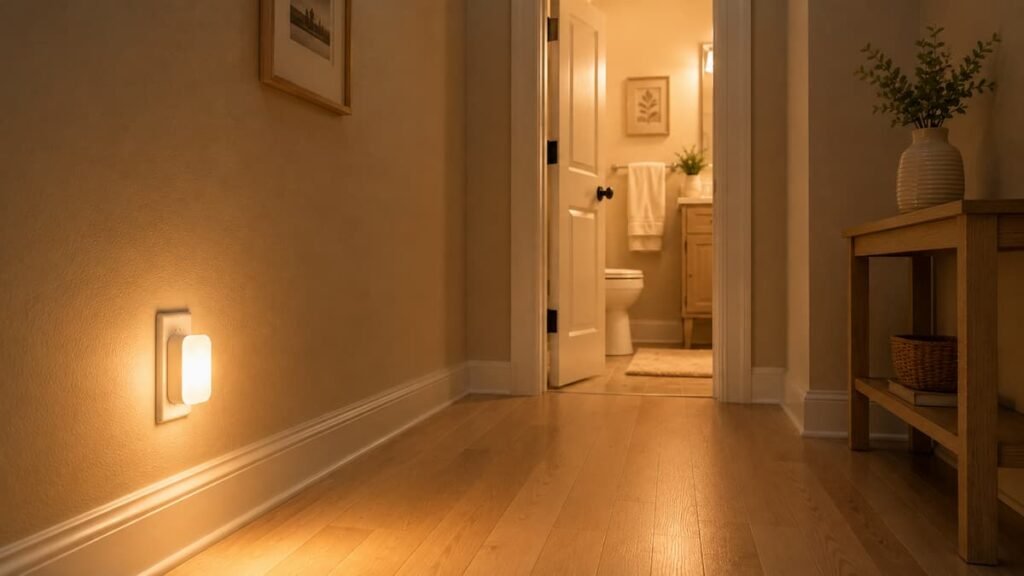 A warm plug-in night light glowing softly in a hallway at night — best night lights for seniors
