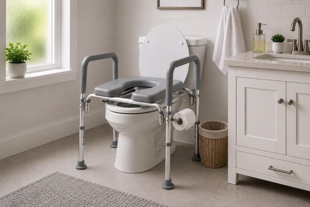 Raised toilet seat with safety rails in a modern senior-friendly bathroom